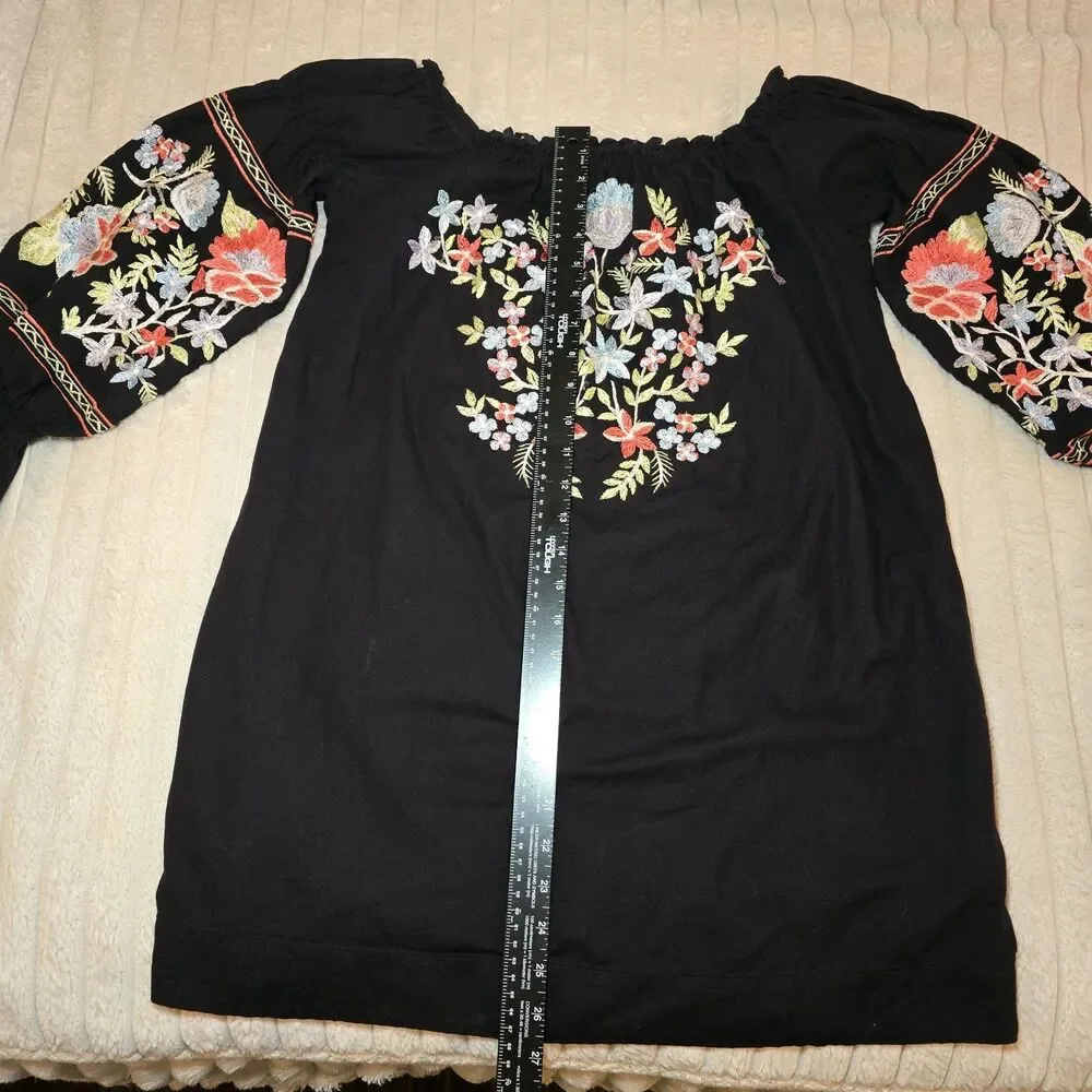 Free People Black Fleur Du Juor Off Shoulder Shift Mini Dress XS Cotton Pockets